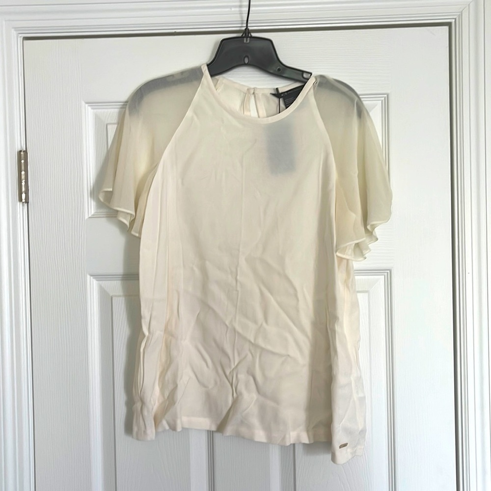 Armani exchange cream flutter sleeve blouse w sheer sleeves NWT